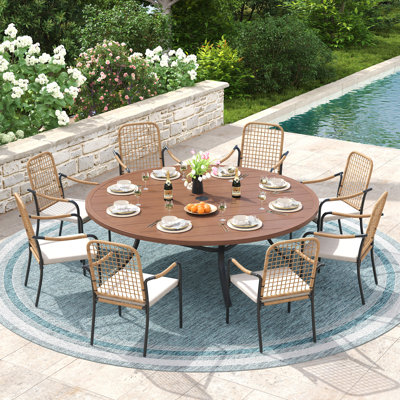 8-Person Patio Dining Set with 60" Round Dining Table and 8 Cushioned Rattan Stackable Chairs