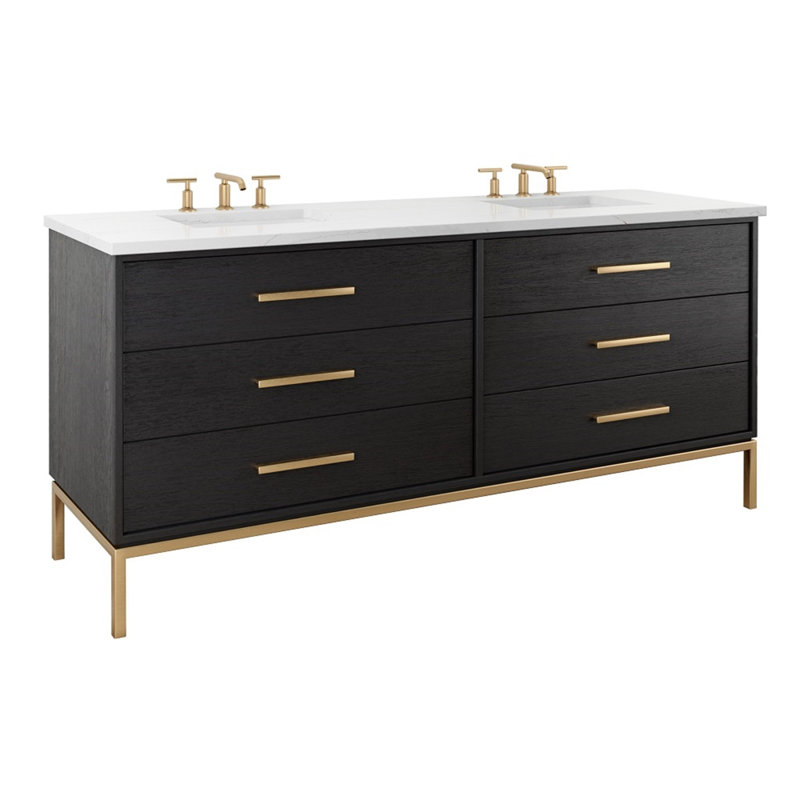 Rift White Oak Double Drawer Bath Vanity, Classic Black, Satin Gold, 60"