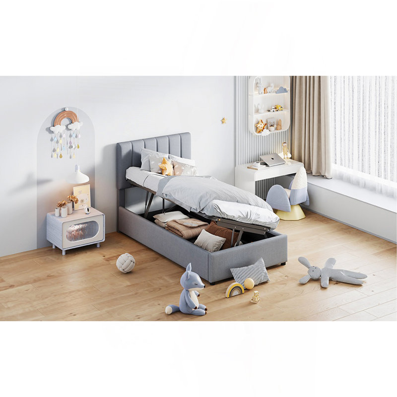 Lit plateforme simple tapissier avec système de rangement hydraulique, gris, Gris