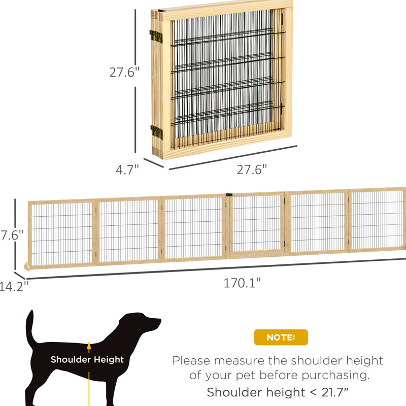 Barrière pour animaux 170 po en bois. Barrière pliable pour petits chiens de taille moyenne. 6 avec pieds de support. Bois naturel. Porte d'entrée solide et robuste, escalier solide