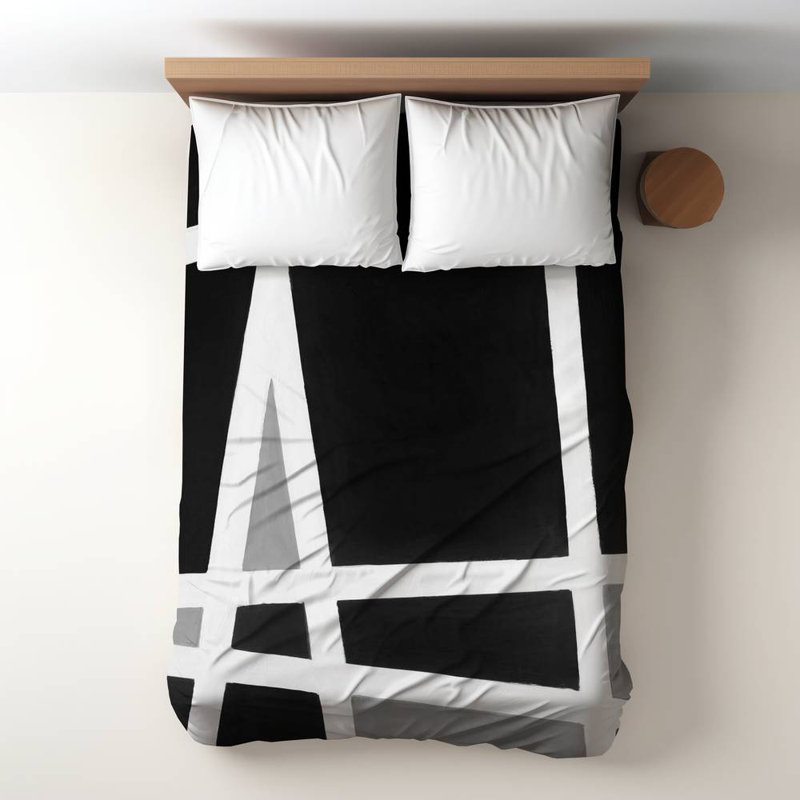 Polyester Sateen Duvet Cover, Twin Duvet, White Black And White Abstract Shapes