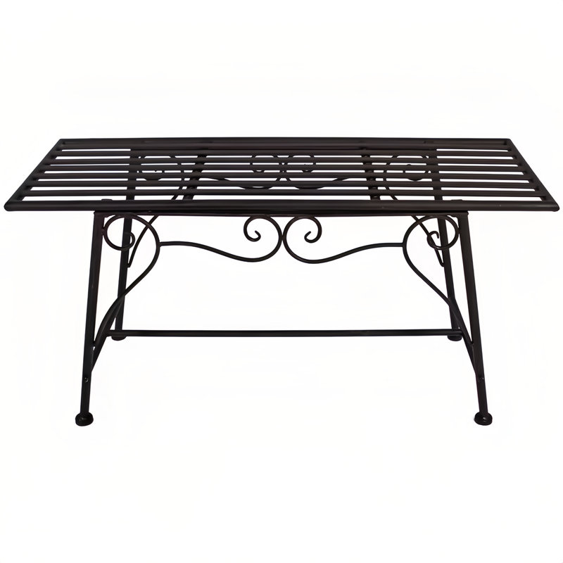 Banc en fer forgé avec assise à lattes et pieds sculptés, idéal pour véranda, terrasse, jardin, intérieur et extérieur.