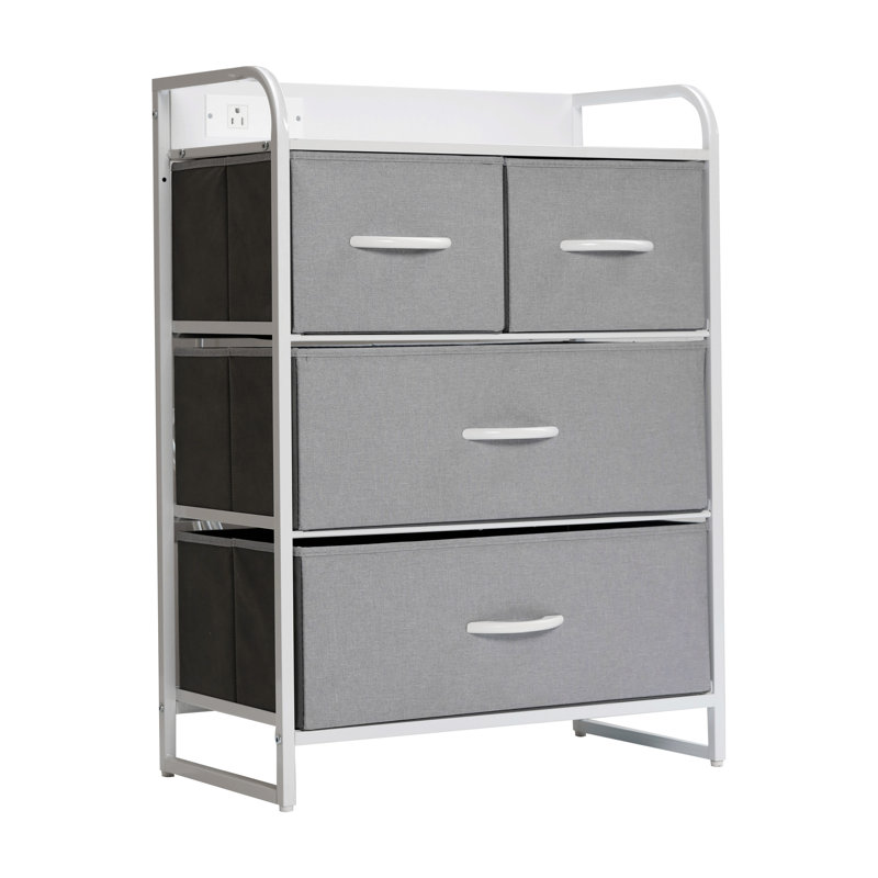4 Fabric Drawer Nightstand With 2 USB Port And 1 Outlet Charging Station, Grey