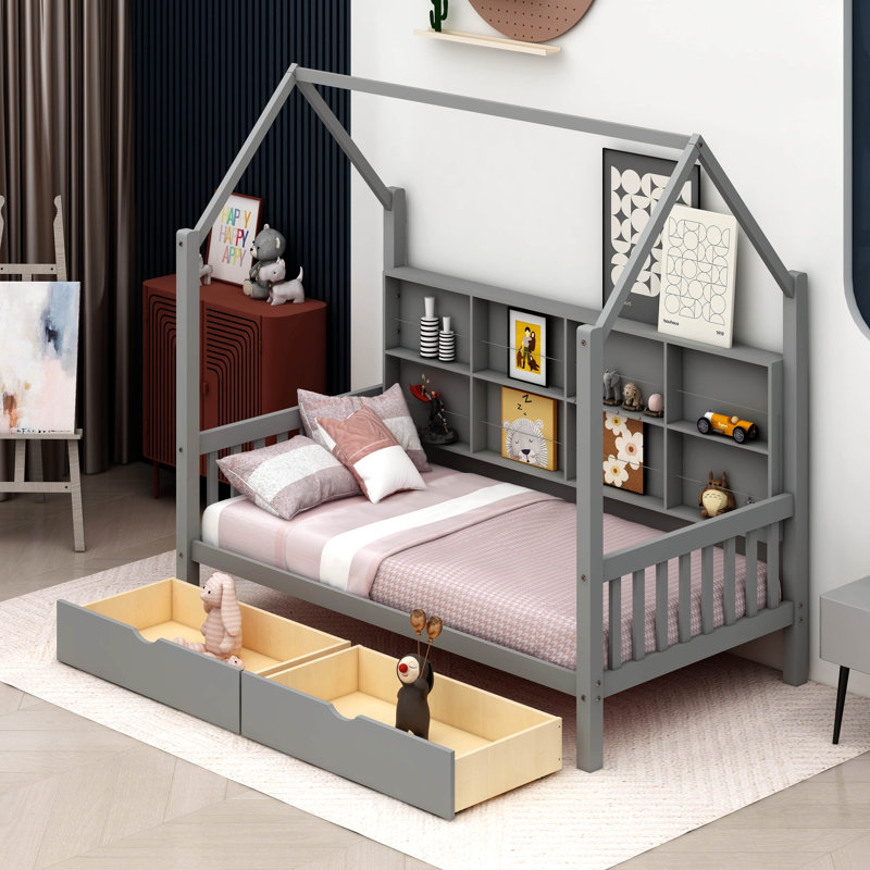 Antiope Kids Bed with Storage Shelf, Twin , Gray