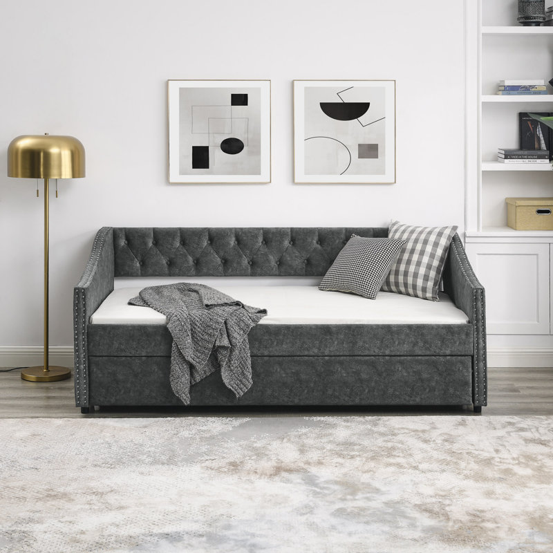Daybed With Trundle Upholstered Tufted Sofa Bed, With Button On Back And Copper Nail On Waved Shape Arms, Twin, Grey