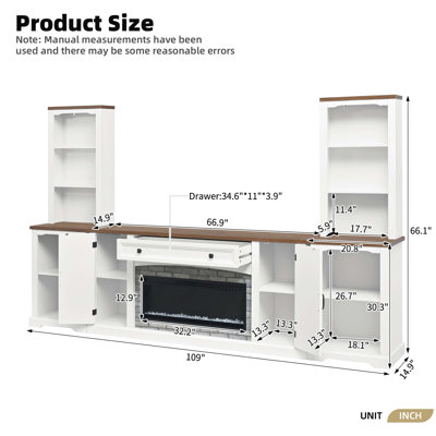 Meuble audio-vidéo 3 pièces avec foyer électrique, meuble télé pour écrans jusqu'à 70 pouces, tiroirs de rangement intégrés et tablettes pour l'organisation du salon.