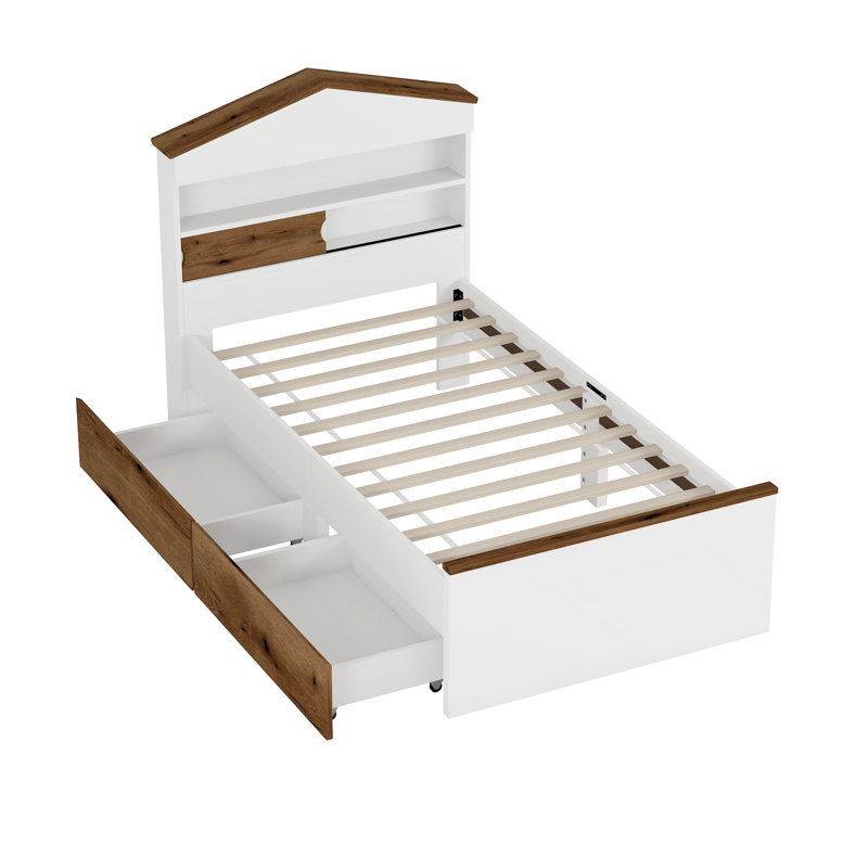 Twin Size House-Shaped Wooden Bed with Storage Shelf on the Headboard, Built-in Two Storage Drawers, Brown