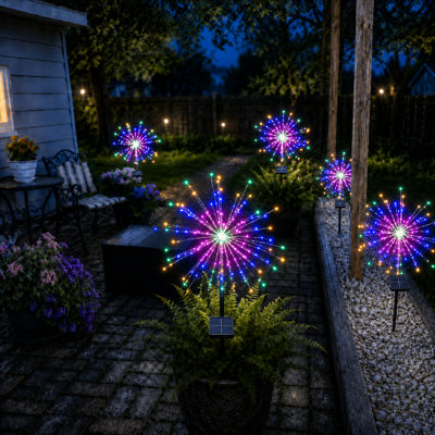 8 Modes Solar Outdoor Firework Lights 120 LED Waterproof Landscape Lights for 4th of July Decorations
