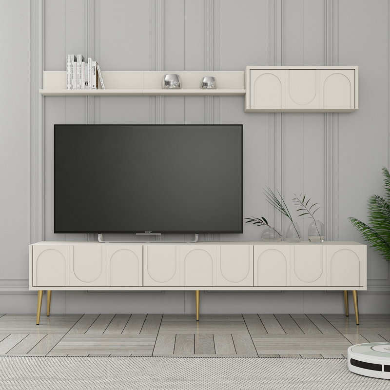 Ensemble de télé moderne et tablette murale, crème et or, 70,9 x 16,9 x 13,8 pouces | 100% panneau de particules enduit de mélamine, épaisseur: 0,7 pouce | Nombreuses tablettes murales au design géométrique élégant pour le salon et les espaces de divertissement
