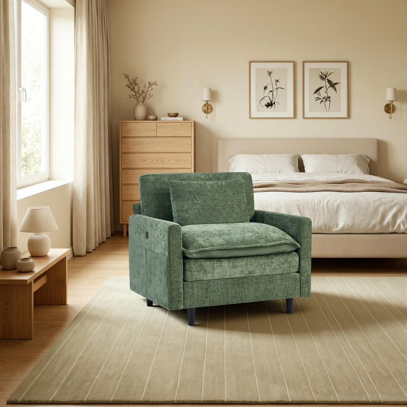 Chaise d'appoint de salon en bois massif rembourré en bois massif 38,7 po avec charge USB, Green, No
