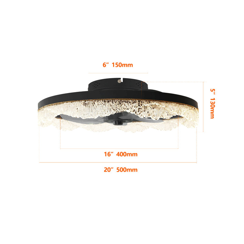 Ventilateur de plafond décoratif à DEL décoratif encastré avec anneau en acrylique, pales cachées, télécommande et lumière à intensité variable pour les maisons élégantes