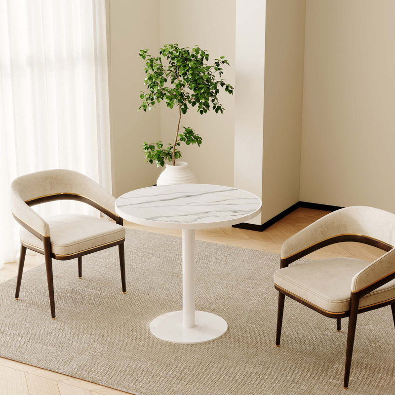 Table de salle à manger ronde moderne avec plateau en pierre Snow Mountain et pieds en titane, Blanc / Gris