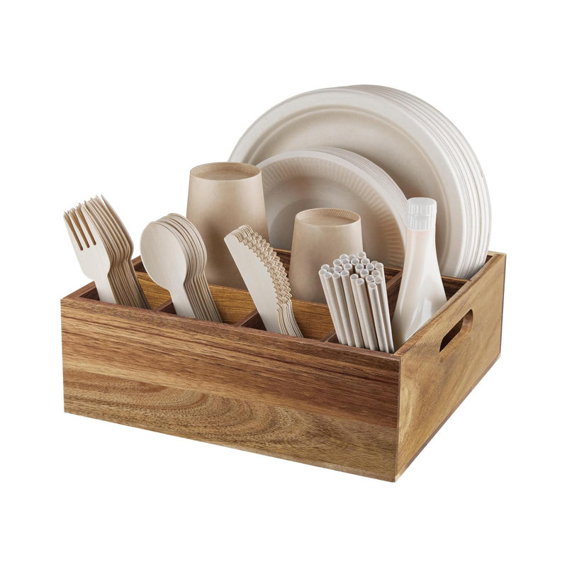 6-Compartment Acacia Wood Utensil Holder – Paper Plate Organizer & Silverware Caddy for Countertop, Holds Plates, Cups, Forks, Spoons – For Kitchen, Camping, Buffet, Party