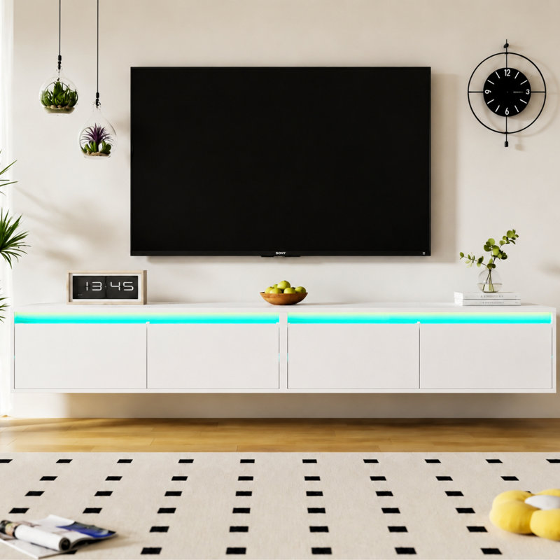 Floating TV Stand with 2 Storage Drawers, Wall-Mount up to 85", White, 30cm H x 200cm L x 33cm W