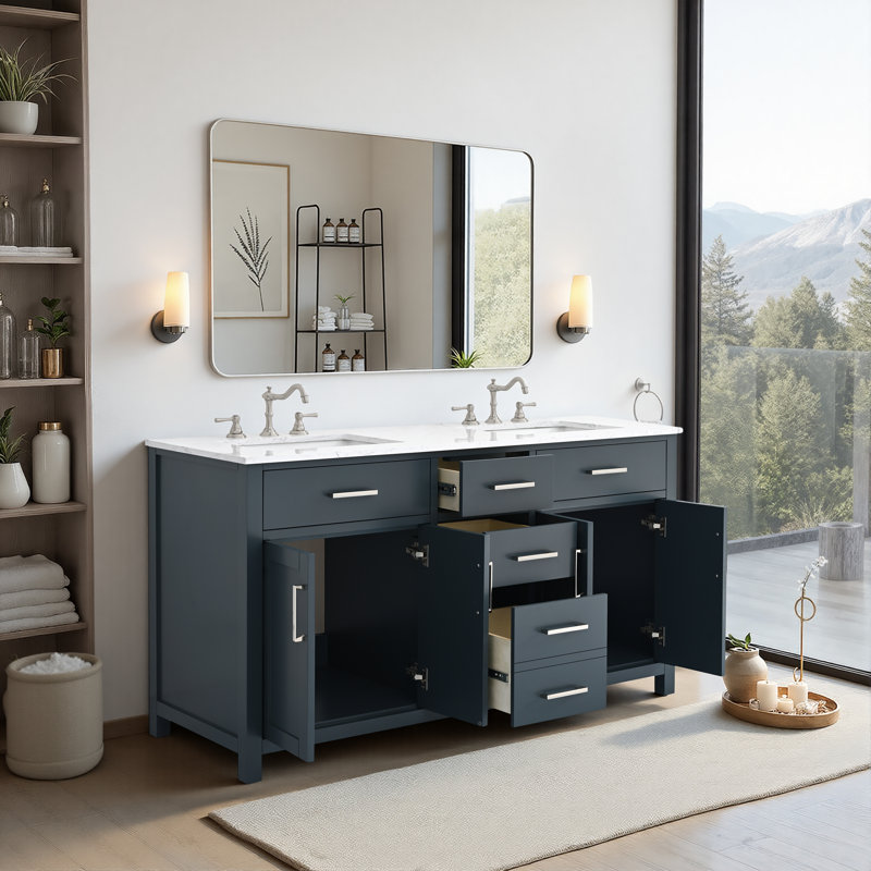 Meuble-lavabo double 60 po avec plateau en marbre d'ingénierie Shamar, Bleu rétro