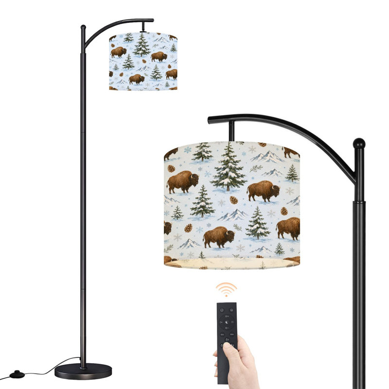 Lampe sur pied à arc avec abat-jour réglable Buffalo Winter Forest Snowy Trees Mountains Lampe debout à intensité variable 3 couleurs avec télécommande, ampoule DEL incluse et abat-jour en métal