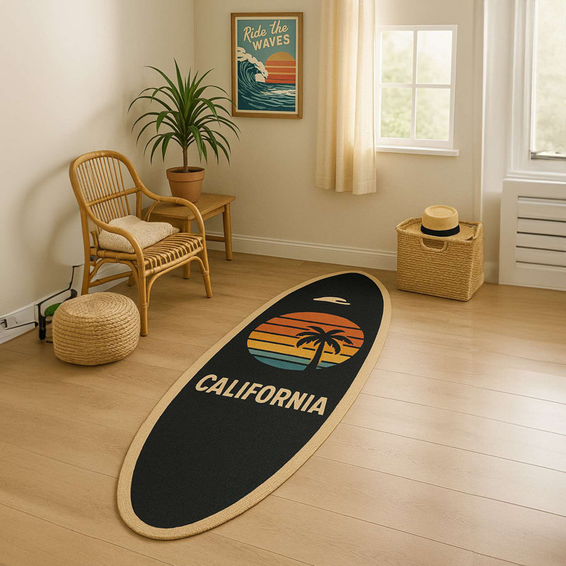 California Sunset Surfboard Accent Rug (Black)