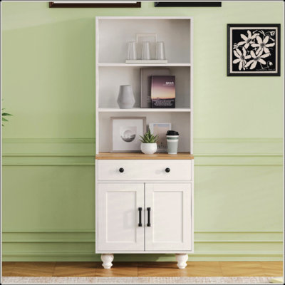 Farmhouse Storage Cabinet With 4 Solid Wood Gourd-Shaped Legs, Modern Kitchen Pantry Cabinet With Adjustable Shelves, 5 Tier Bookshelf With Drawer For Living Room