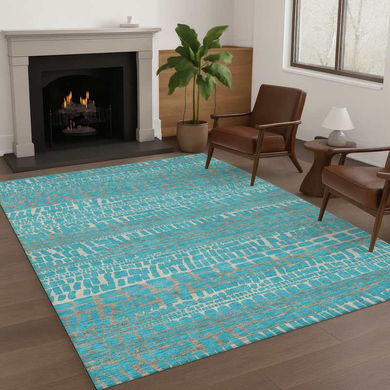 Tapis abstrait intérieur / extérieur lavable à la machine Chantille ACN2540, Sarcelle, Rectangulaire 3 pi x 5 pi