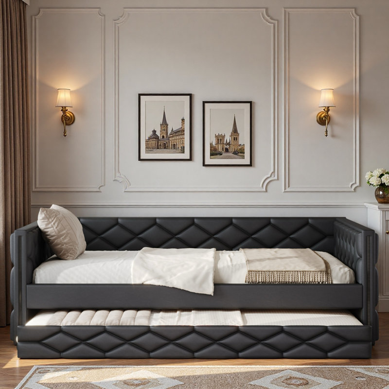 Upholstered Daybed With Trundle And Led, Black