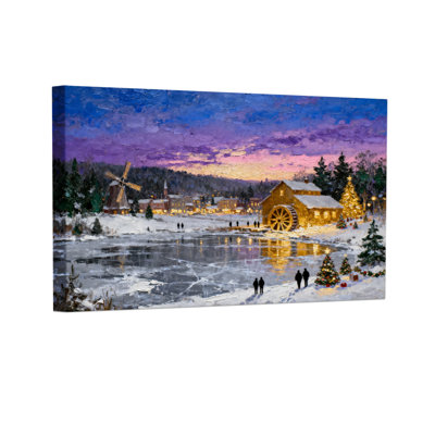 Scène de village de Noël avec neige et lumières, ensemble de 3 impressions sur toile