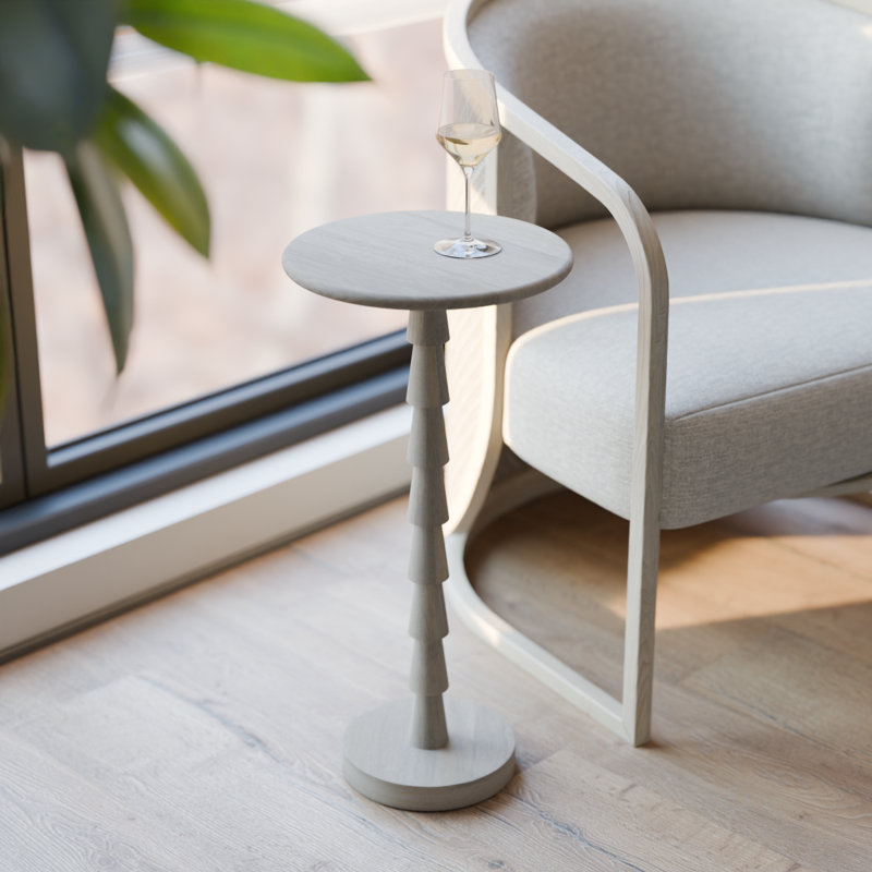 Solid Wood 12″ Round Small Side Table – Modern Accent End Table, 24 in. H, Sculptural Pedestal, Distressed Whitewash Finish