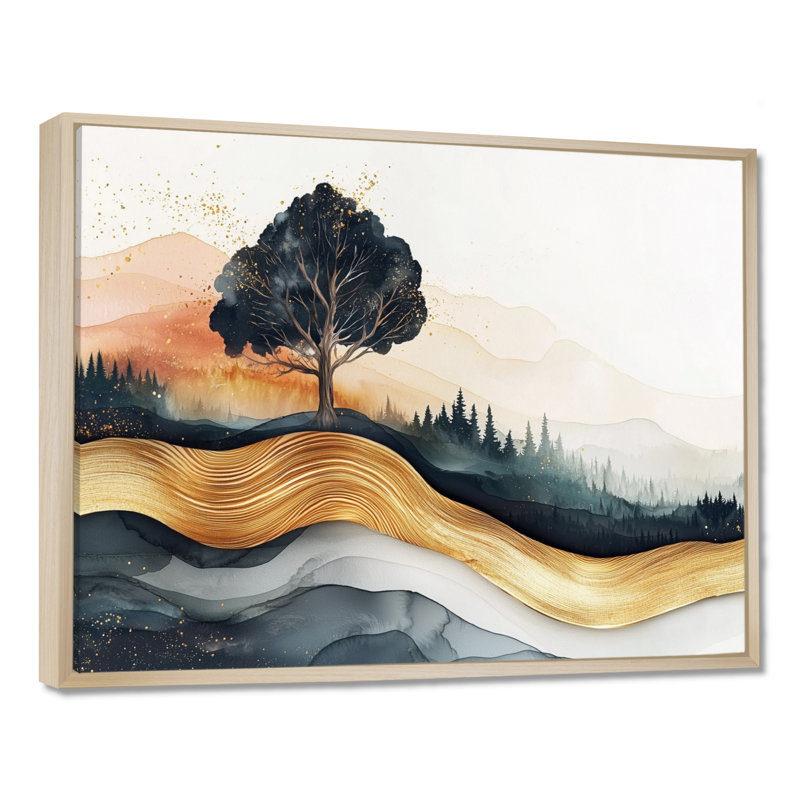 «Gola Sunrise Forest In Marble Field Landscape II», art mural sur toile forêt, Impression encadrée flottante, Crème, crème