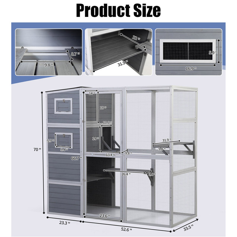 Large Wooden Cat Enclosure, Gray, 70" H x 75.9" W x 33.5" D