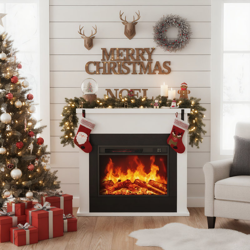 36" Freestanding Electric Fireplace With Mantel, White