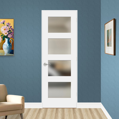 Pre-drilled 80" Height 4-lite Frosted Tempered Glass And Solid Manufactured Wood White Primed Slab Door