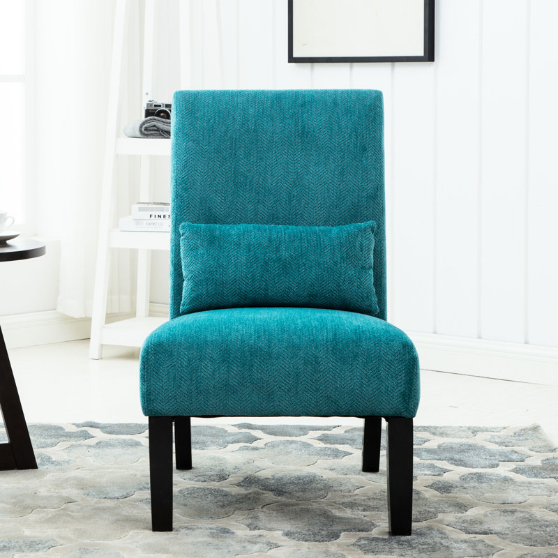 Chaise en tissu de chenille bleu sarcelle avec pieds et coussin de confort en bleu, fabrication en bois massif