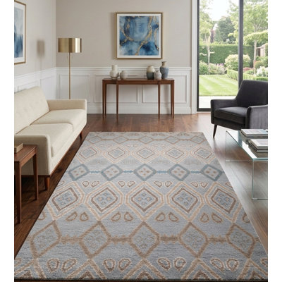 Light Blue Wool Handmade Geometric Hand Knotted Rectangle Indoor Area Rug