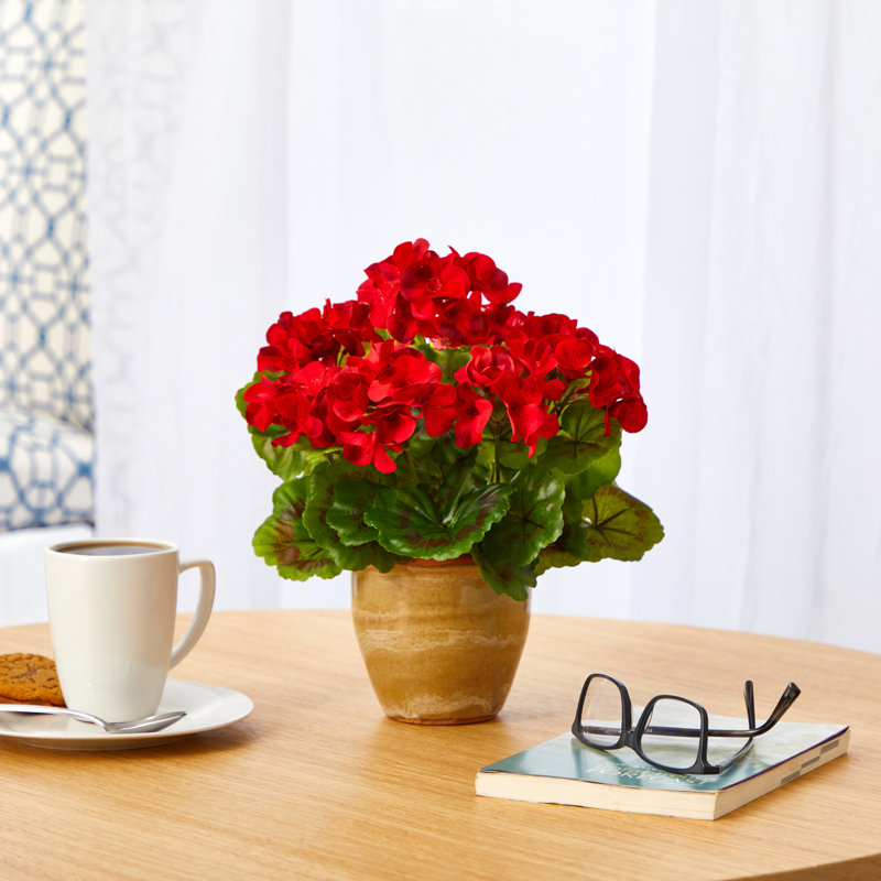 Red Geranium Artificial Plant in Ceramic Planter, 11-inch