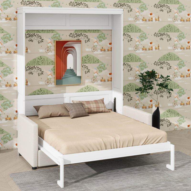 Lit escamotable double pleine grandeur avec coussin, Lit double, Blanc
