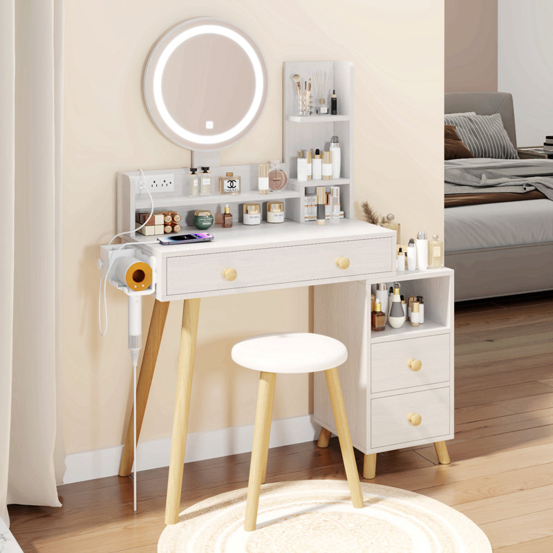 Round Mirror Bedside Vanity Table Set With Cushioned Stool, 2 AC + 2 USB Ports, 17" Touch-Control LED Mirror, 3-Color Lighting, Adjustable Brightness, Large Desktop, Multi-Layer Storage