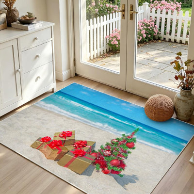 Tapis de Noël rouge lavable à la machine avec arbre de Noël et tapis doré