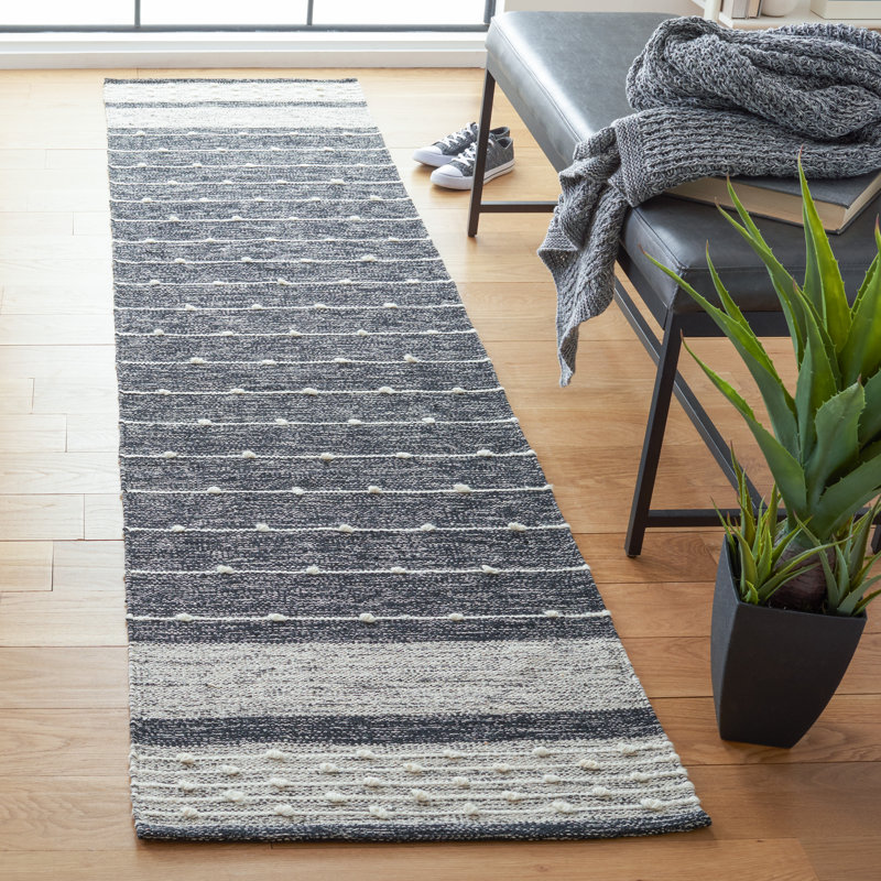 Henneman Hand Woven Cotton/Wool Striped Rug in Black/White, Runner 2'3" x 7'