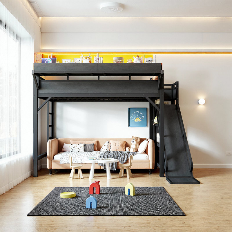 Lit mezzanine avec glissade, tablettes de rangement et garde-robe intégrée, ports USB, lumières DEL et panneau perforé, Queen