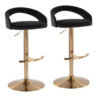 Tabouret de bar réglable en métal doré et velours noir avec repose-pieds arrondi en T - ensemble de 2