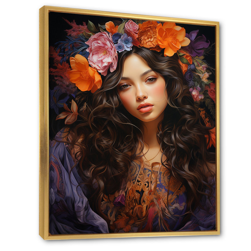 Boho Latina, enchantement floral sur toile, H 20 po x l 12 po x P 1 po, Cadre flottant doré