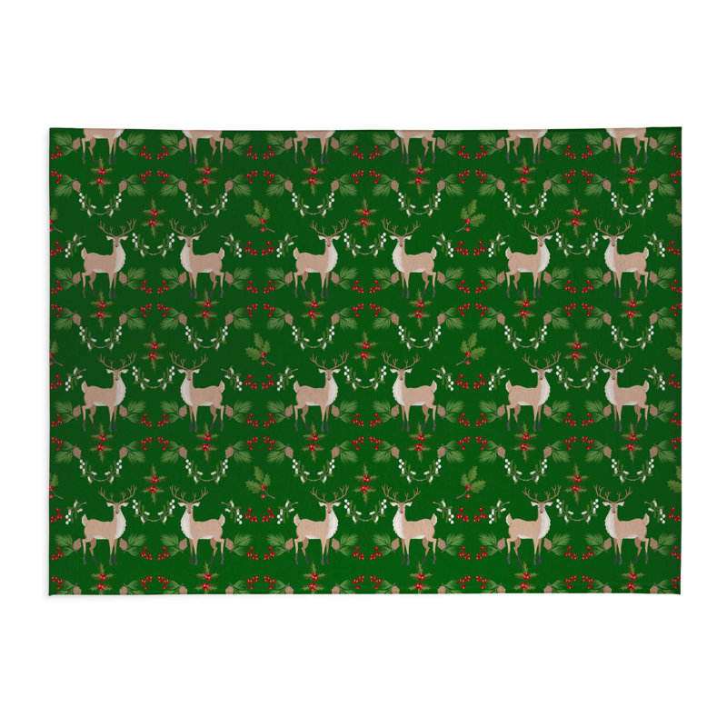 Botanical Deer Low Profile Kitchen Mat, Rectangle 6' x 4', Green