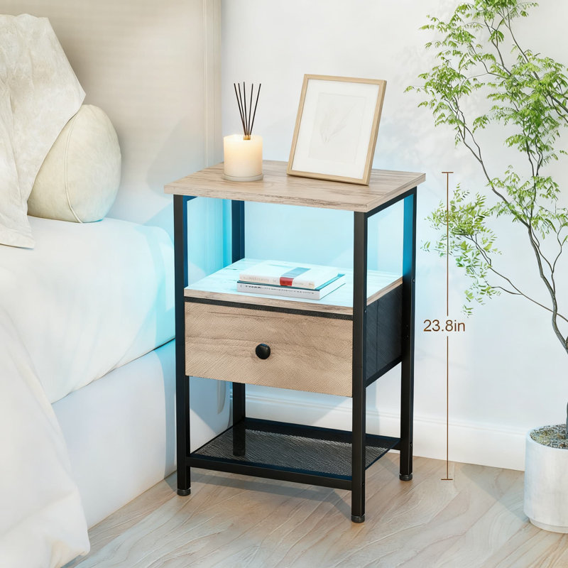 Table de chevet à DEL avec station de charge, table de chevet intelligente avec tiroir en tissu et tablette de rangement pour la chambre à coucher et le salon