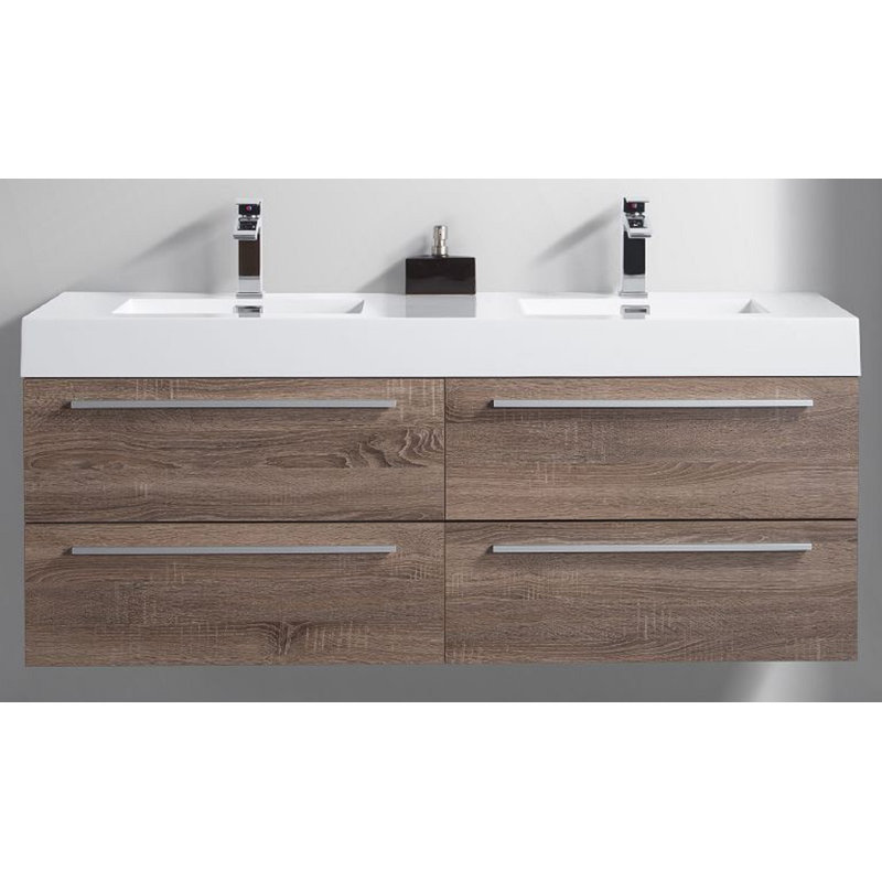 Jordyn 60 po L x 20 po P 4 tiroirs Meuble-lavabo avec évier double et Comptoir en Acrylique, Chêne doux