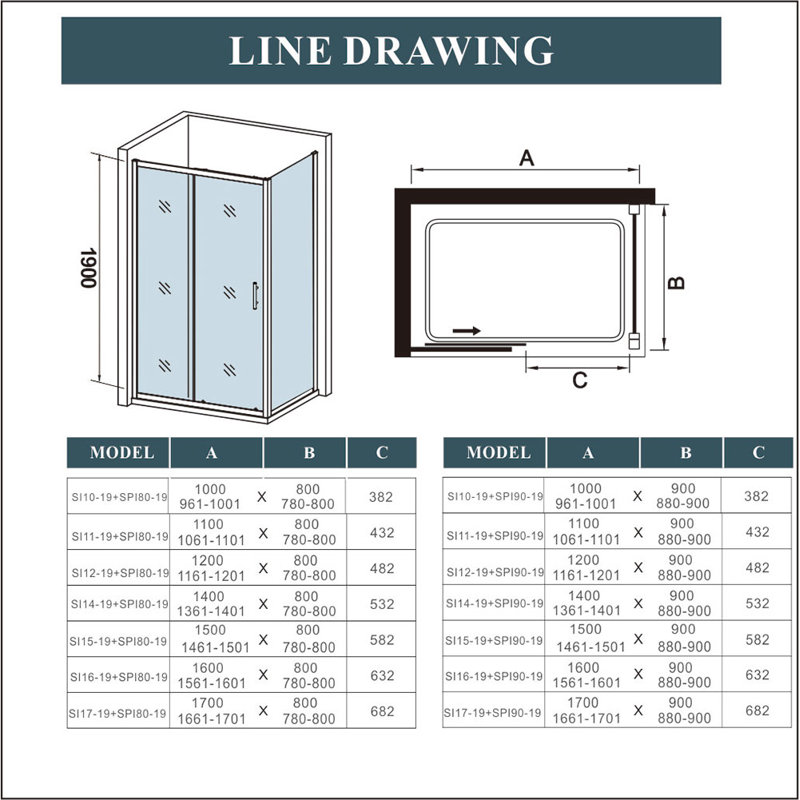 Aldo Sliding Glass Rectangular Shower Enclosure - 1900 x 1700 mm