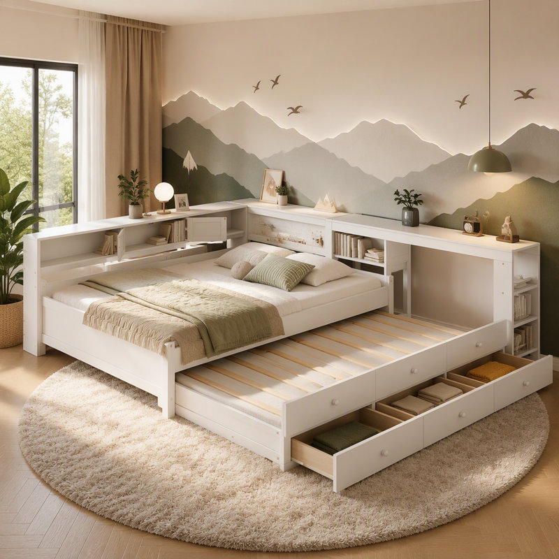 Lit de jour avec couchette, structure de lit de jour en bois avec tiroirs de rangement, tablettes latérales et bureau, Blanc