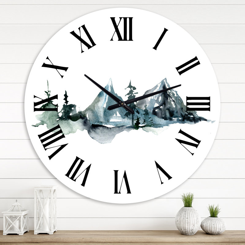 Minimaliste montagnes d'hiver et forêt de sapins III - horloge murale moderne, Grand