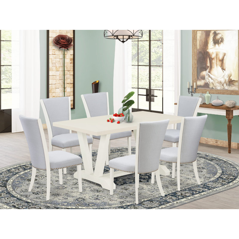 7-Piece Solid Wood Top Dining Set with 1-Table and 6-Upholstered Chairs with Lattice Back, Wirebrushed Linen White, Gray