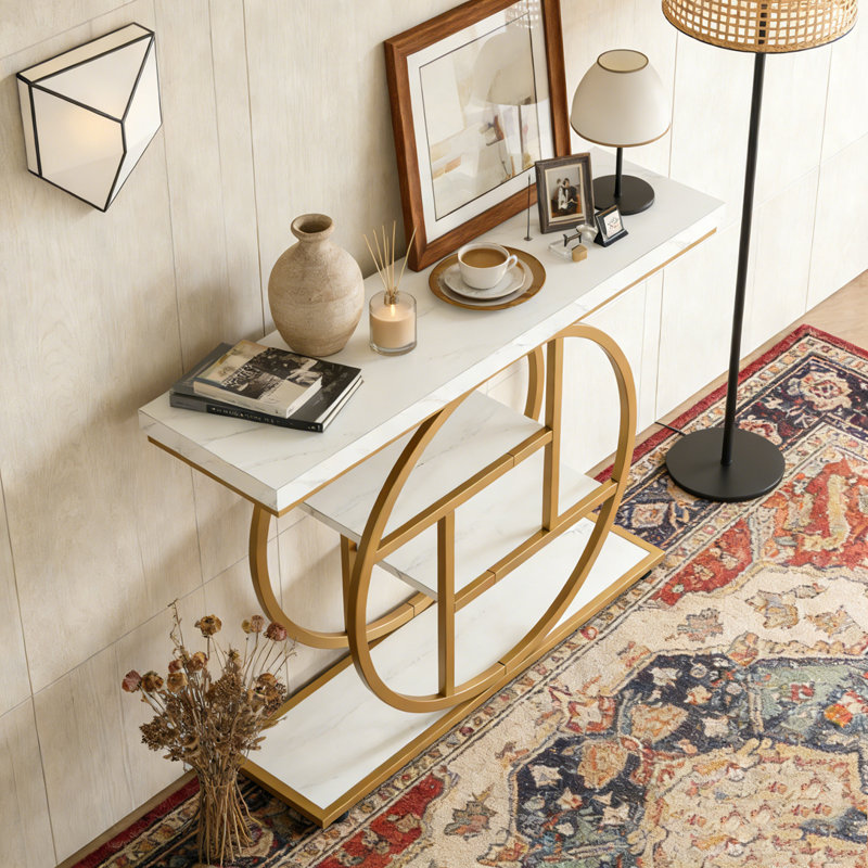 41.3 Inch Industrial 4-Tier Console Table with Circle Base - Narrow Entryway Sofa Table,  Metal Accent, White