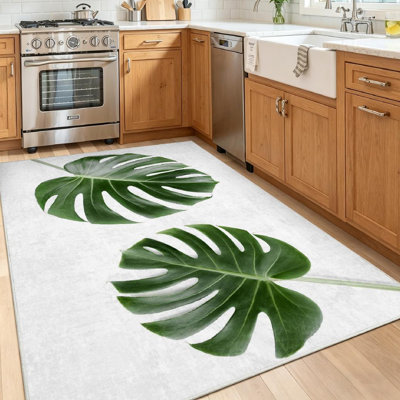 Tapis d'intérieur à motif de feuilles de palmier blanc transparent lavable à la machine Monstera