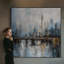 Impression sur tissu grand format - Motif bleu-gris représentant la silhouette d'une ville et un pont, idéal pour le salon ou la chambre - « Assemblage du cadre requis (cadre non fini) »-135869654